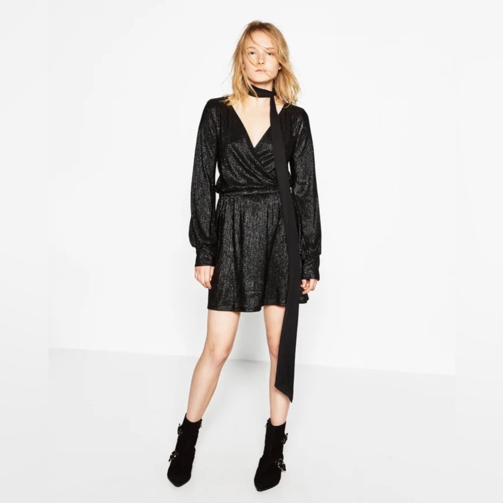Zara crossover wrap metallic black mini dress size S